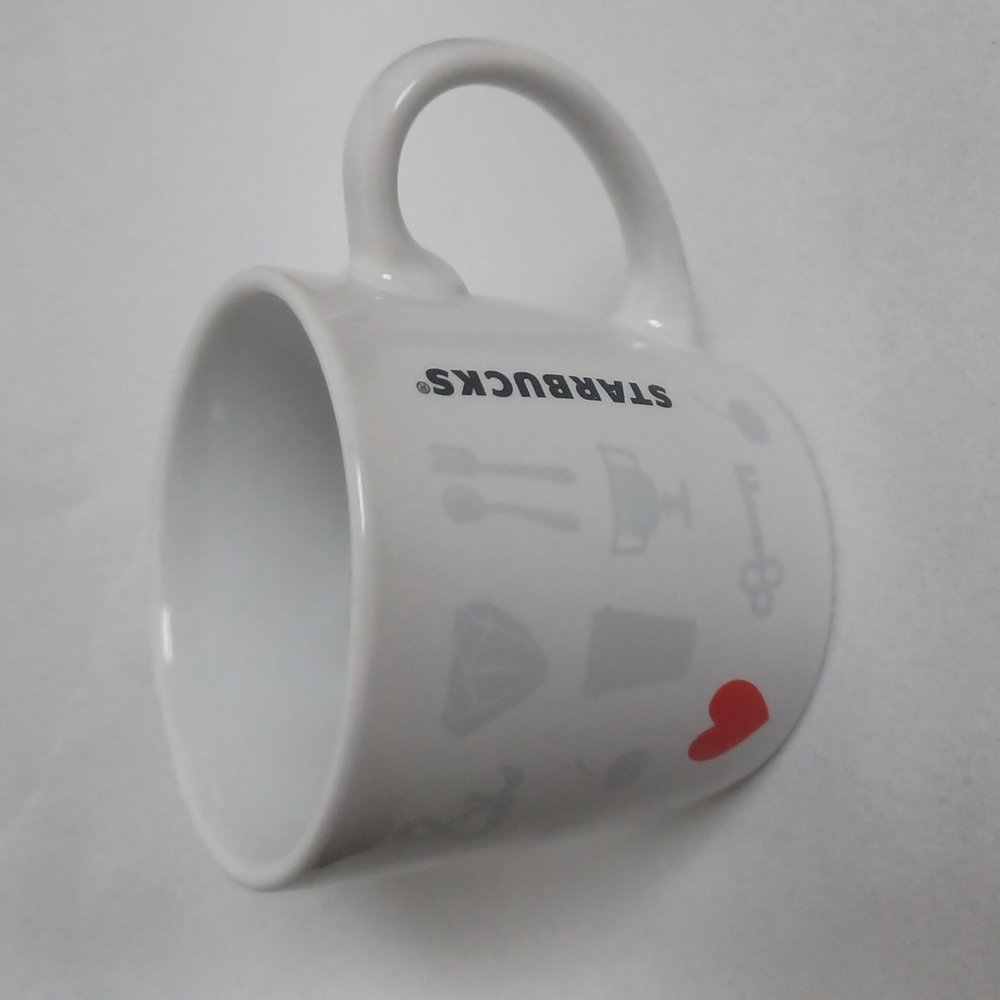 Starbucks ceramic mug 'things I love' gray graphics and red heart accent 7.8 oz